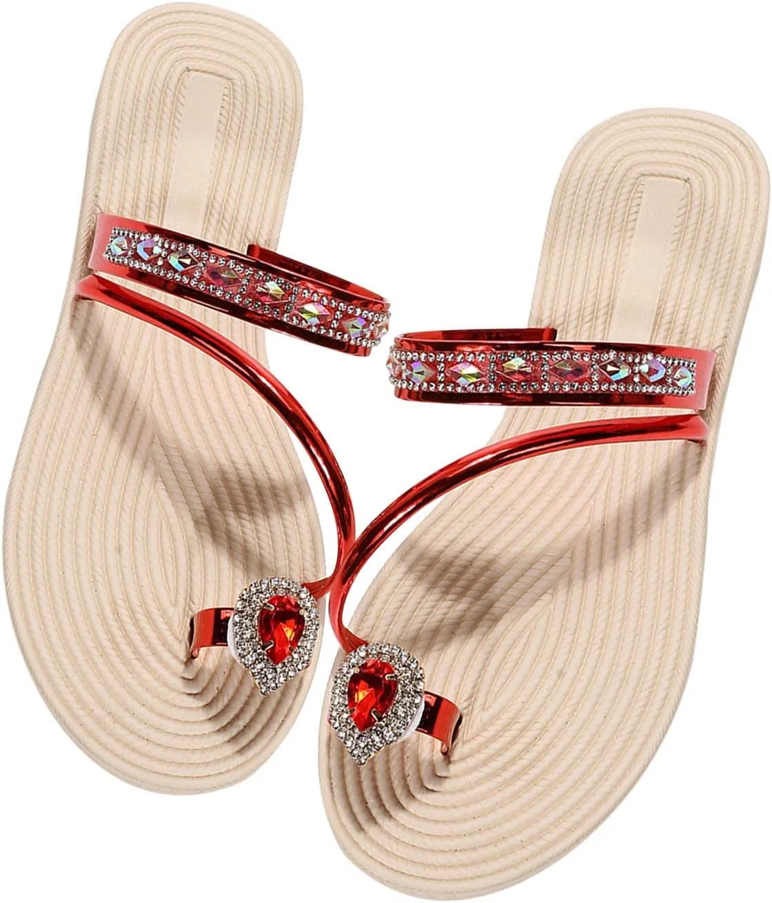 Sparkly Rhinestone Sandals for Women Summer Trendy Toe Ring Straps Slip on Flat Slippers Elegant Cute Slides Dressy Casual Comfy Ladies Beach Shoes