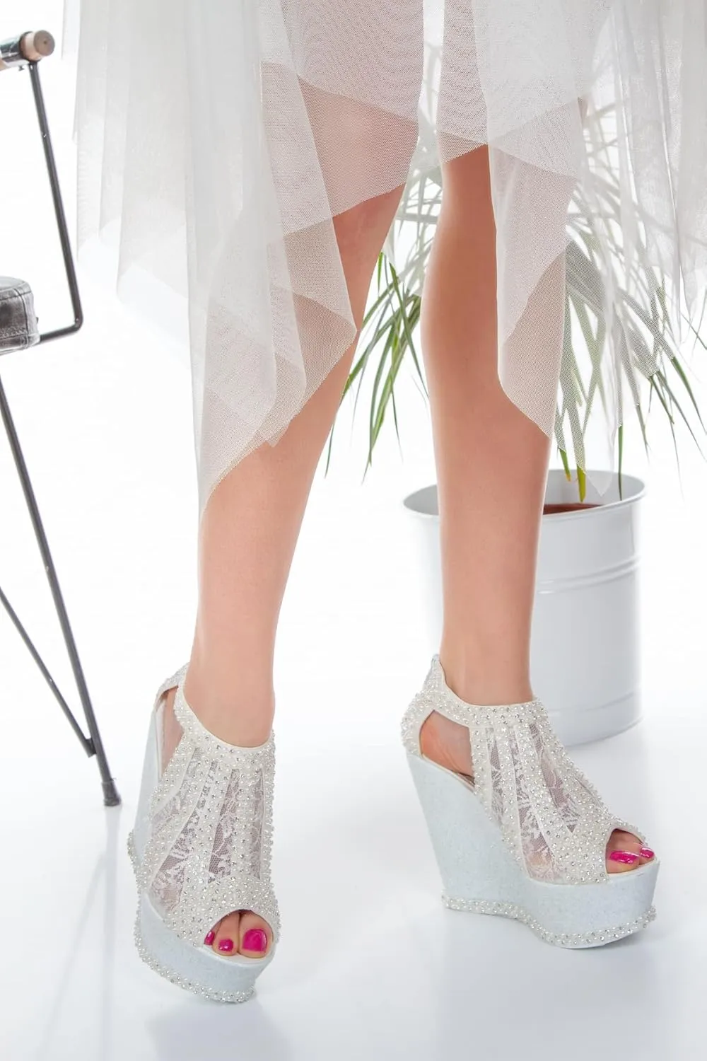 Special Design Stone Pearl Lace and High Heeled Wedding Dress Comfortable Shoes Design for Wedge Heel Brides (40 EU / 9 US)