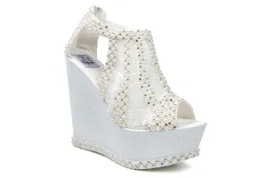 Special Design Stone Pearl Lace and High Heeled Wedding Dress Comfortable Shoes Design for Wedge Heel Brides (40 EU / 9 US)