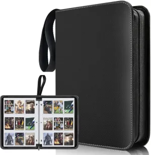 Sports Card Binder 9 Pocket,Premium Zipper Trading Card Holder with Card Sleeves,Collectible Card Folder Fits 900 Cards and 50 Removable Trading Card Sleeves (black, 900pockets)