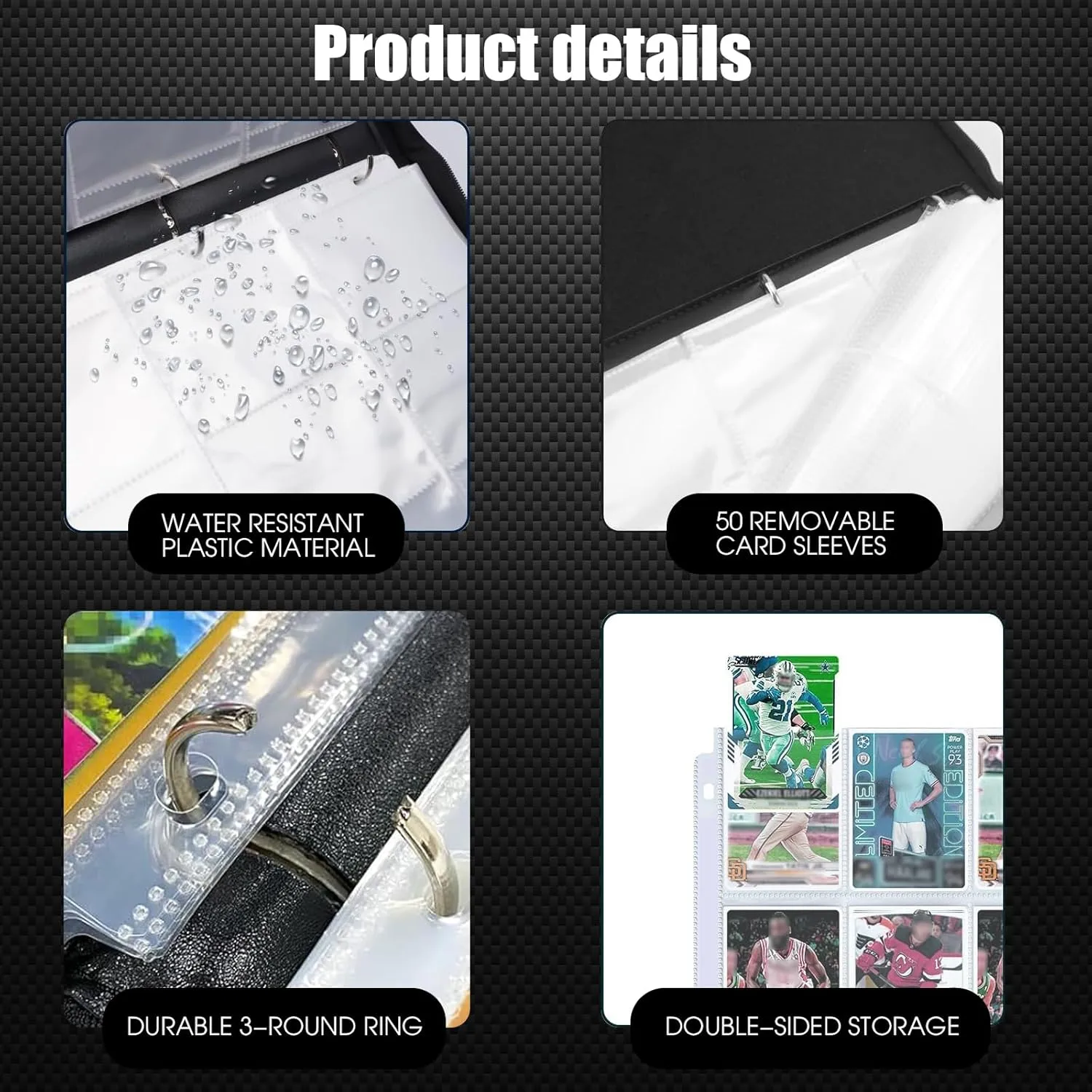Sports Card Binder 9 Pocket,Premium Zipper Trading Card Holder with Card Sleeves,Collectible Card Folder Fits 900 Cards and 50 Removable Trading Card Sleeves (black, 900pockets)