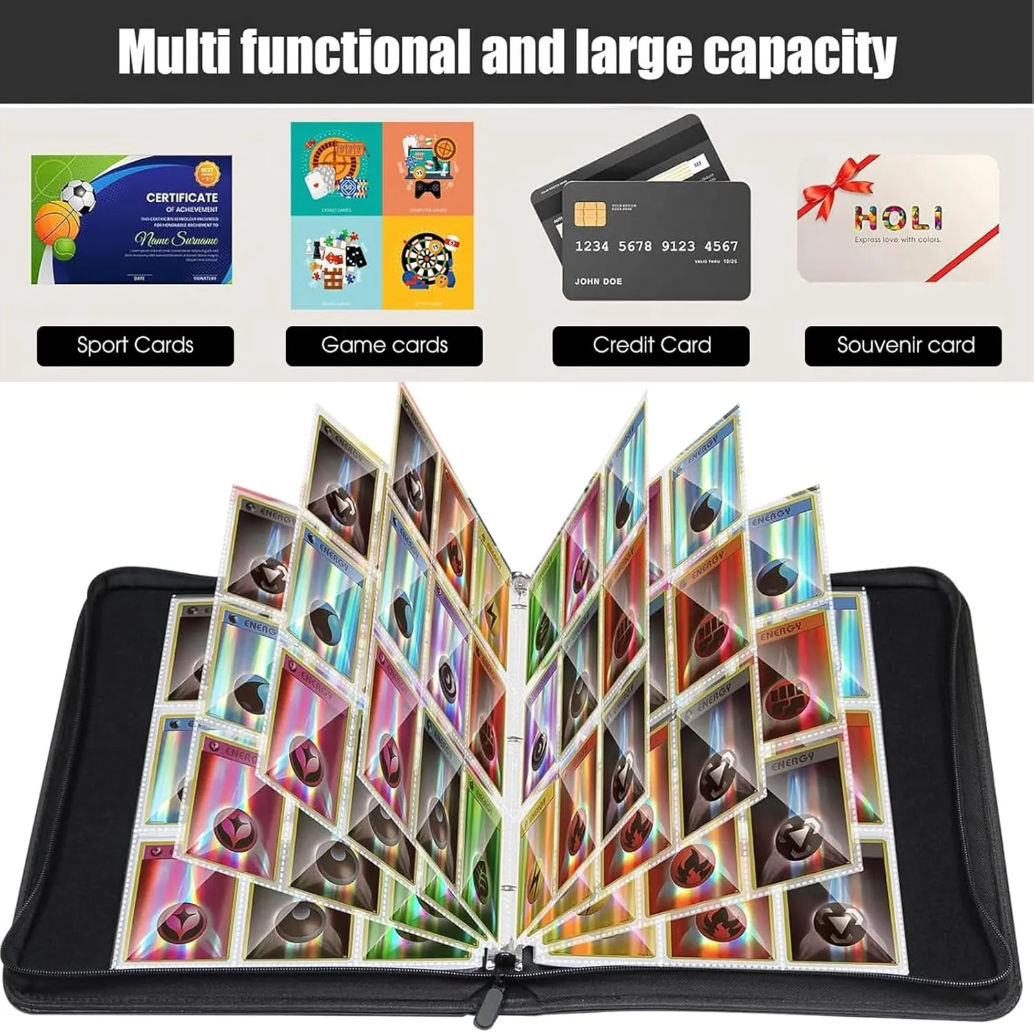 Sports Card Binder 9 Pocket,Premium Zipper Trading Card Holder with Card Sleeves,Collectible Card Folder Fits 900 Cards and 50 Removable Trading Card Sleeves (black, 900pockets)