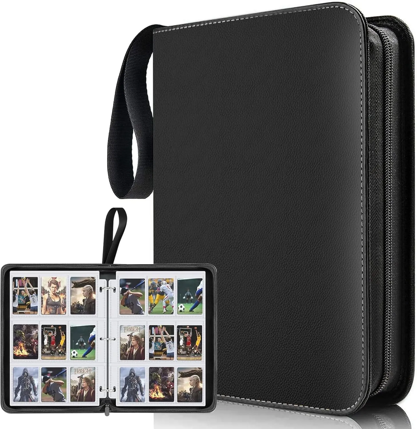 Sports Card Binder 9 Pocket,Premium Zipper Trading Card Holder with Card Sleeves,Collectible Card Folder Fits 900 Cards and 50 Removable Trading Card Sleeves (black, 900pockets)
