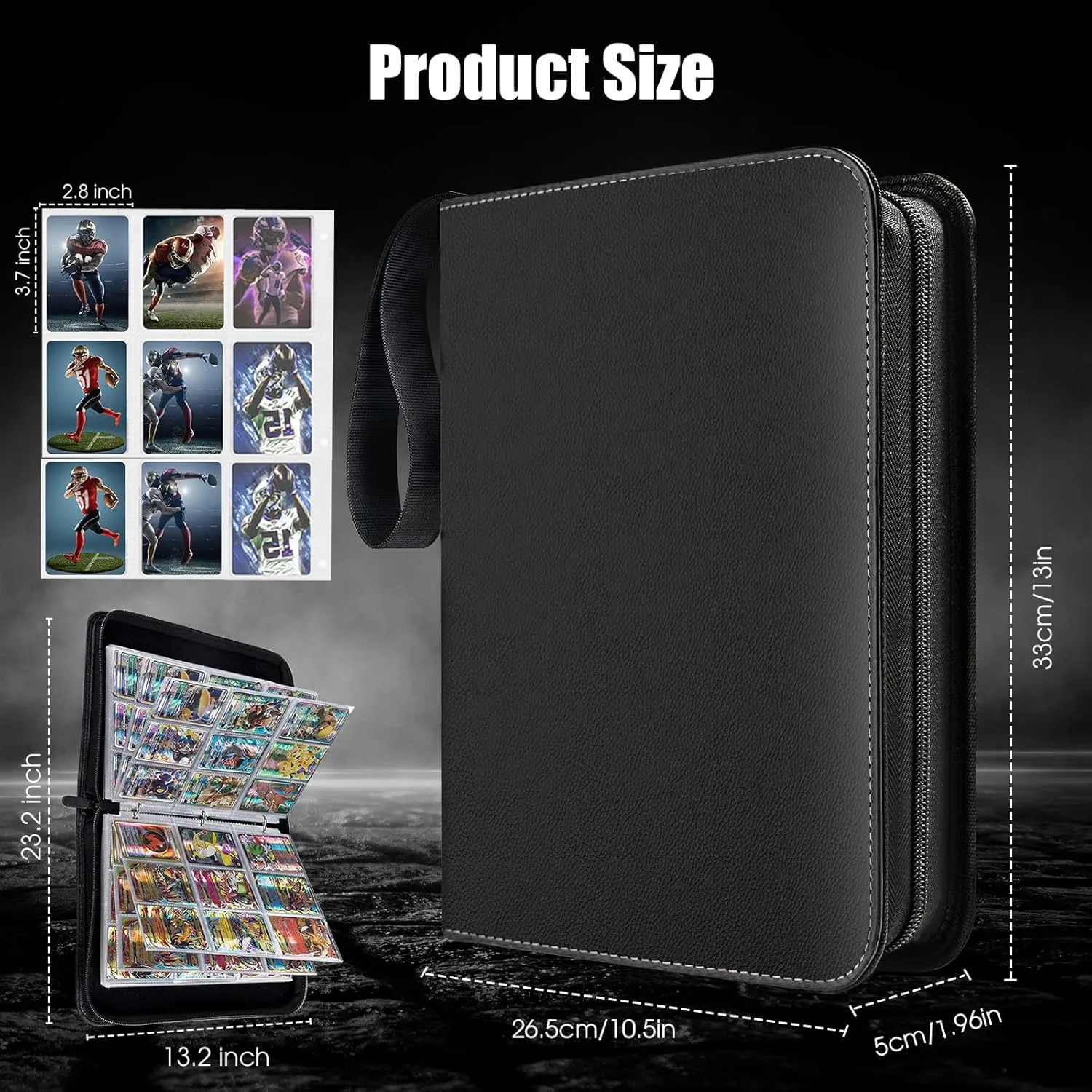Sports Card Binder 9 Pocket,Premium Zipper Trading Card Holder with Card Sleeves,Collectible Card Folder Fits 900 Cards and 50 Removable Trading Card Sleeves (black, 900pockets)
