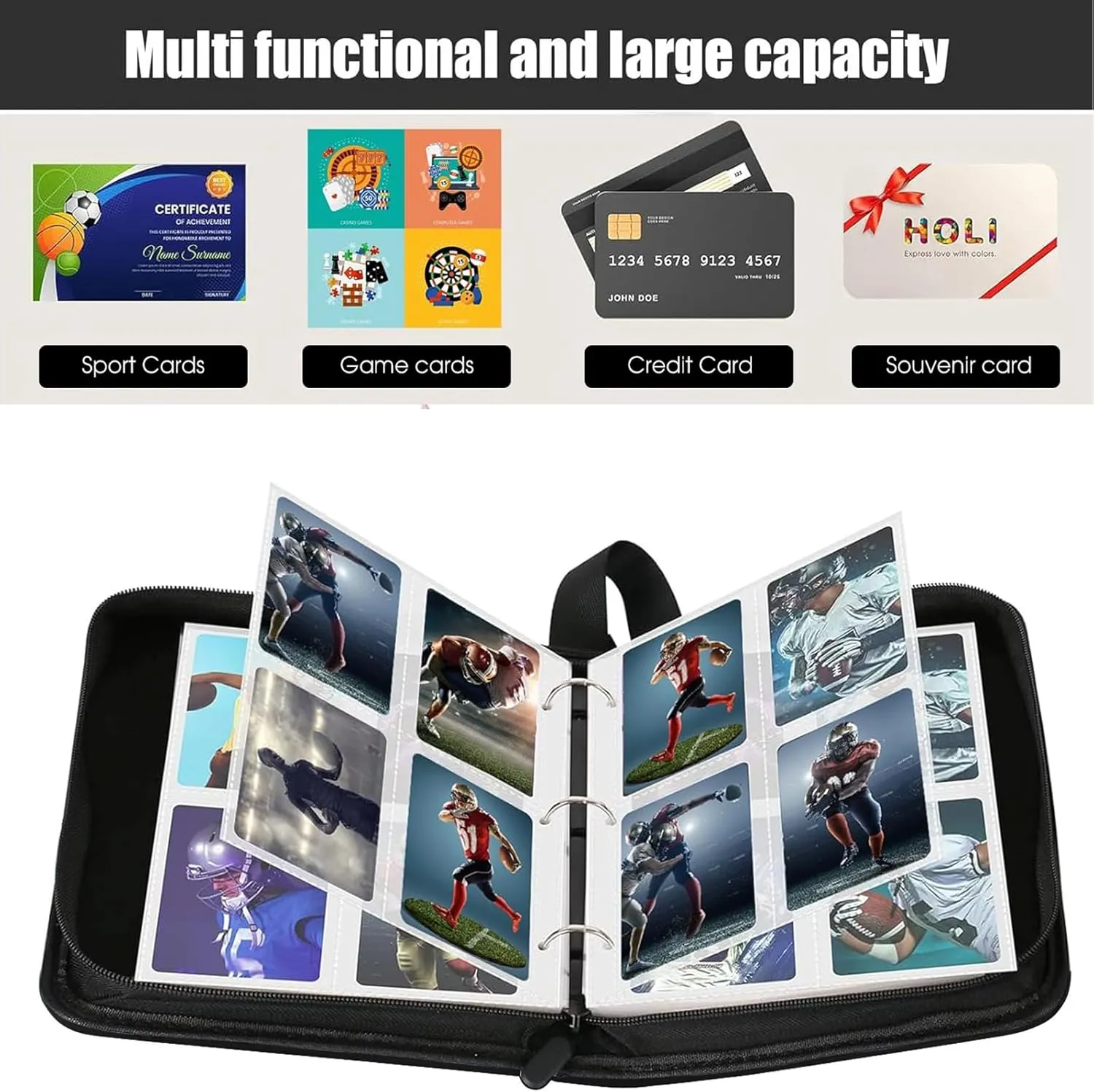 Sports Card Binder 9 Pocket,Premium Zipper Trading Card Holder with Card Sleeves,Collectible Card Folder Fits 900 Cards and 50 Removable Trading Card Sleeves (black, 900pockets)