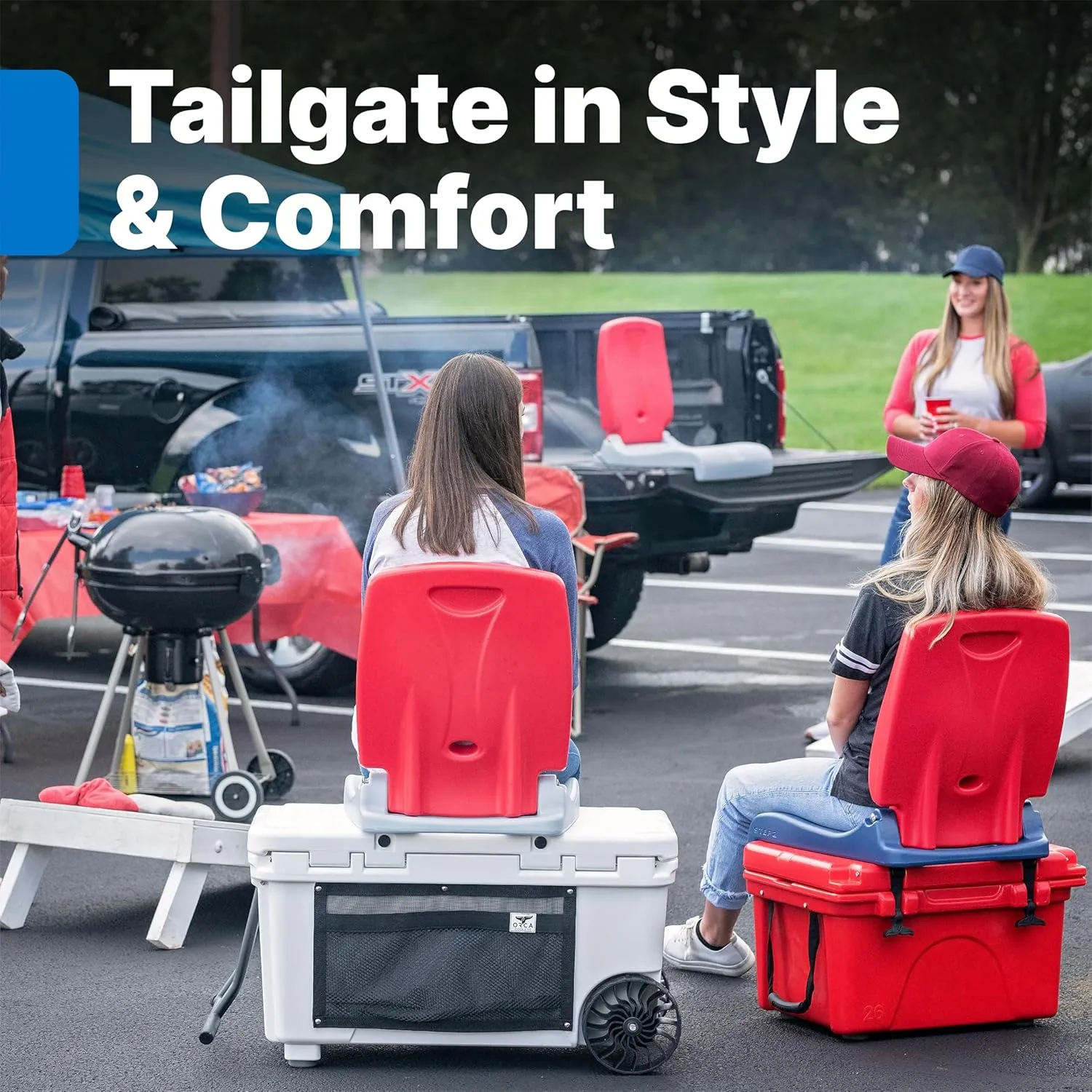 Step2 Folding Flip Seat, Lightweight Portable Outdoor Chair for Poolside, Camping, Beach, Boats, Tailgates, Durable Ground Chair with Back Support for Adults, Red & Gray