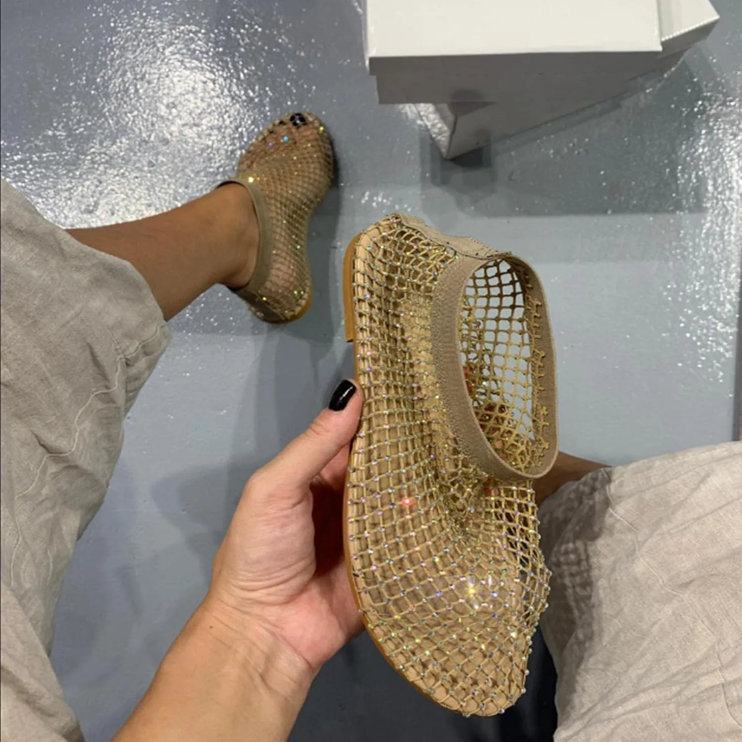 StoneLiquid Glittery Stretchy Net Shoes Women Ultra Comfortable Shiny Gem Mesh Flats Sparkle Shoe
