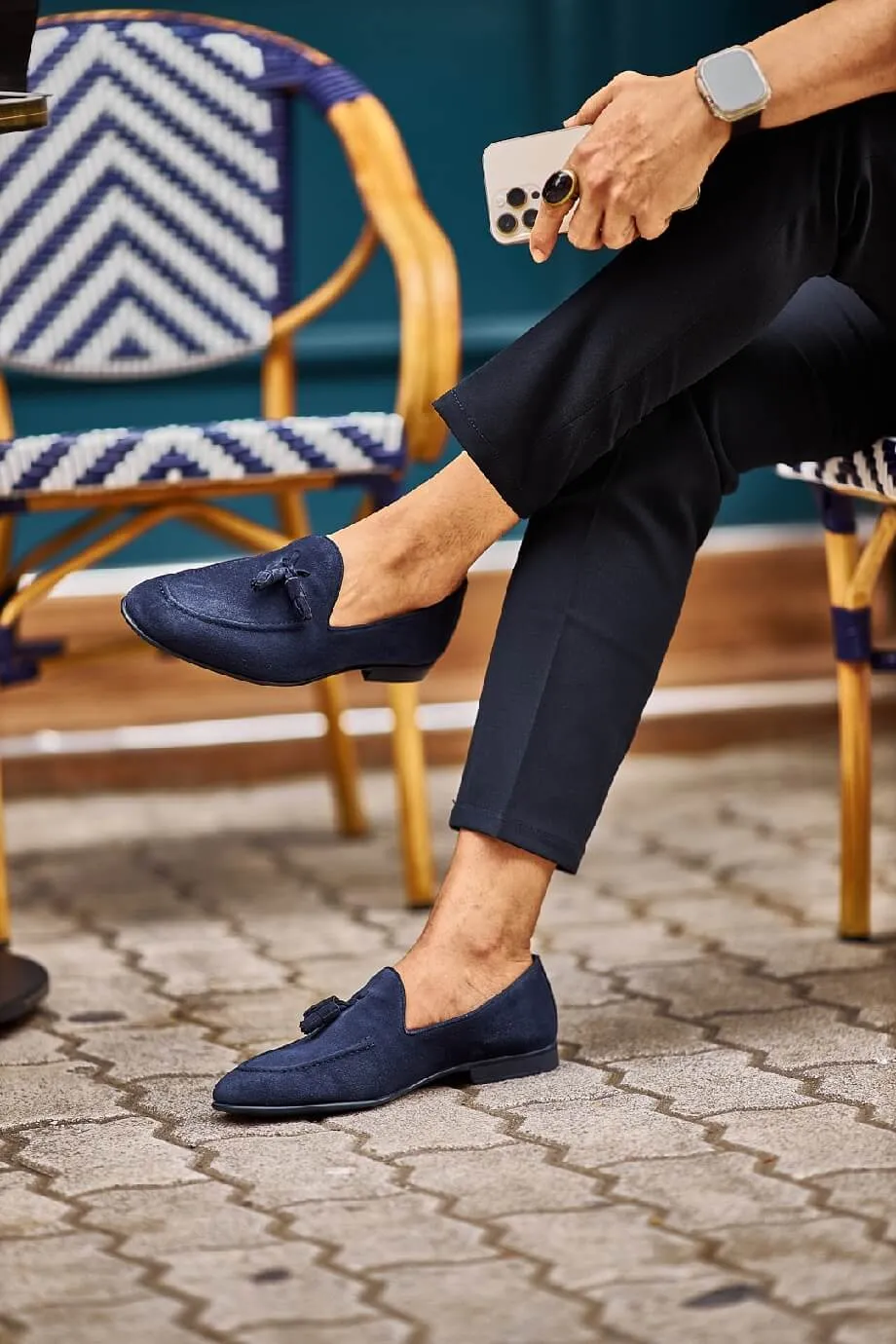 Suede Navy Tassel Harbor Loafers