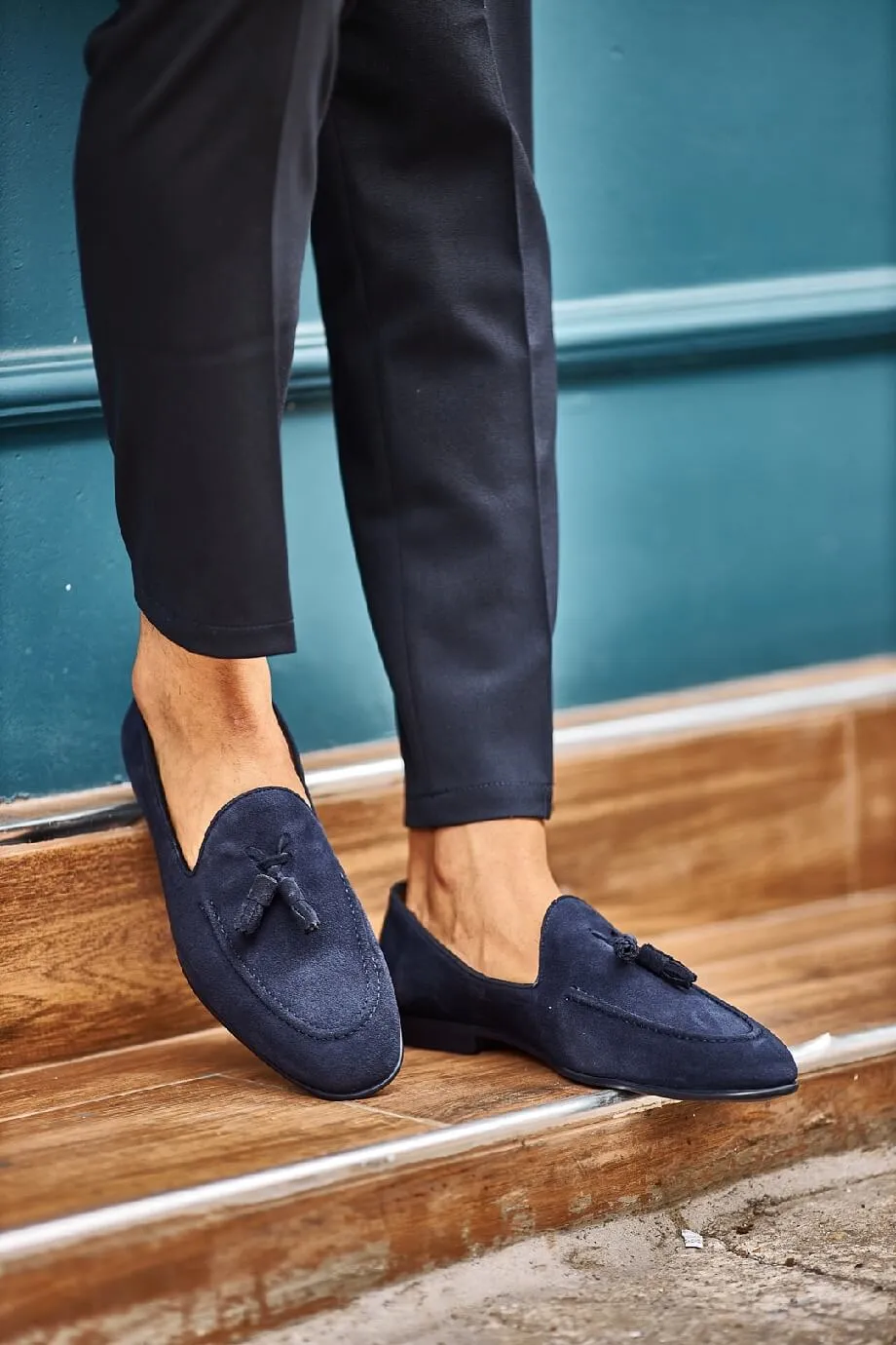 Suede Navy Tassel Harbor Loafers