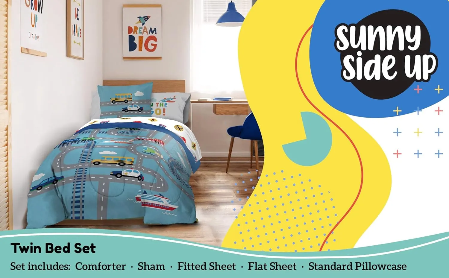 Sunny Side Up On The Go Twin Comforter Set - 5 Piece Kids Bedding Includes Comforter, Sheets & Pillow Cover - Super Soft Vehicles Microfiber Bed Set