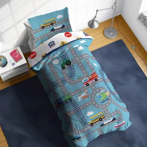 Sunny Side Up On The Go Twin Comforter Set - 5 Piece Kids Bedding Includes Comforter, Sheets & Pillow Cover - Super Soft Vehicles Microfiber Bed Set