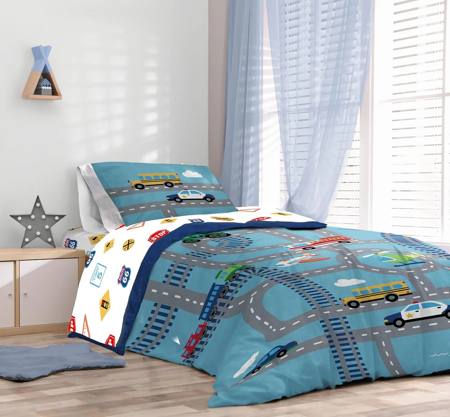 Sunny Side Up On The Go Twin Comforter Set - 5 Piece Kids Bedding Includes Comforter, Sheets & Pillow Cover - Super Soft Vehicles Microfiber Bed Set