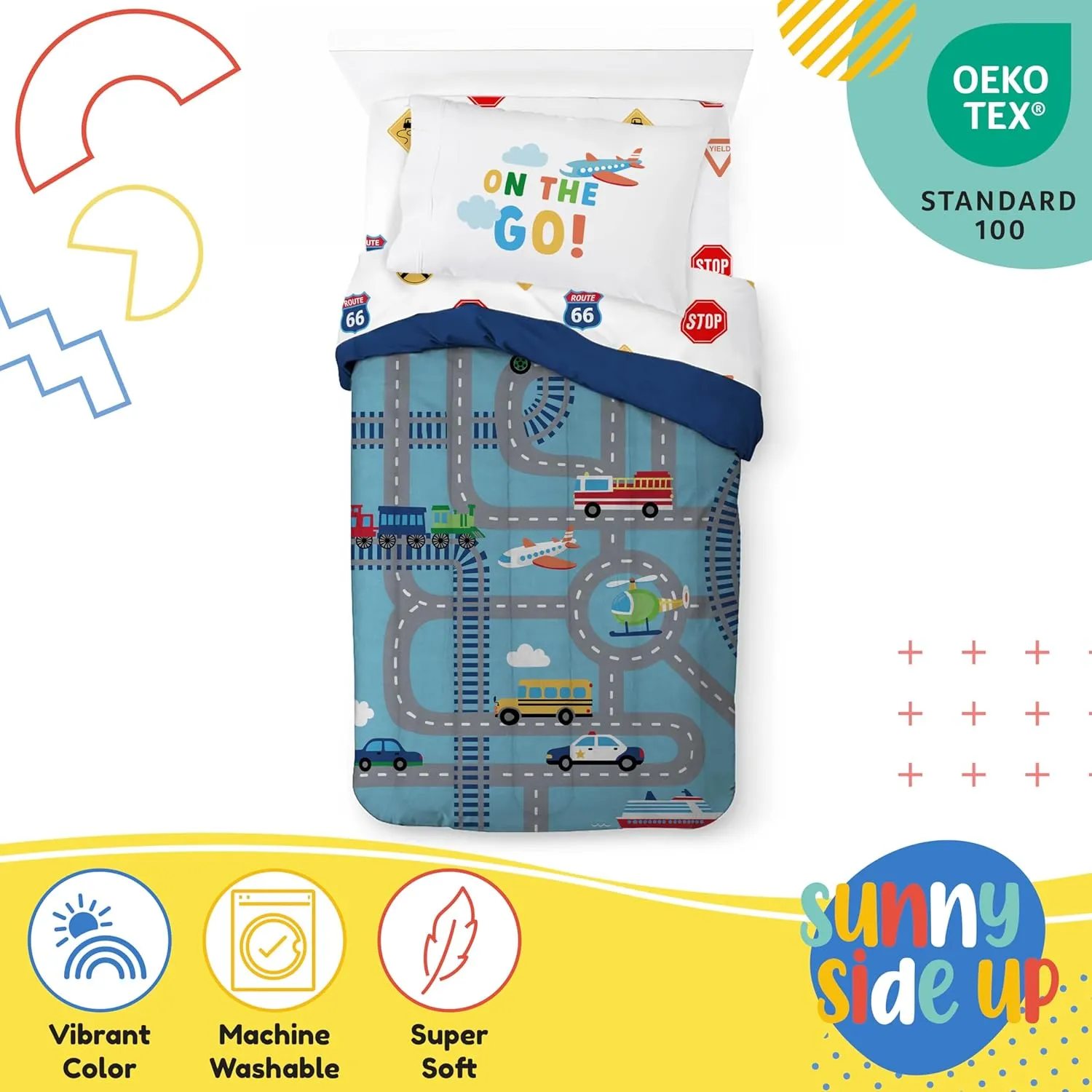Sunny Side Up On The Go Twin Comforter Set - 5 Piece Kids Bedding Includes Comforter, Sheets & Pillow Cover - Super Soft Vehicles Microfiber Bed Set