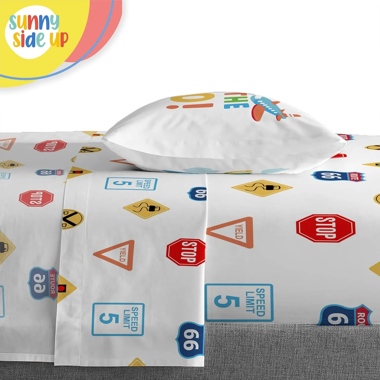 Sunny Side Up On The Go Twin Comforter Set - 5 Piece Kids Bedding Includes Comforter, Sheets & Pillow Cover - Super Soft Vehicles Microfiber Bed Set