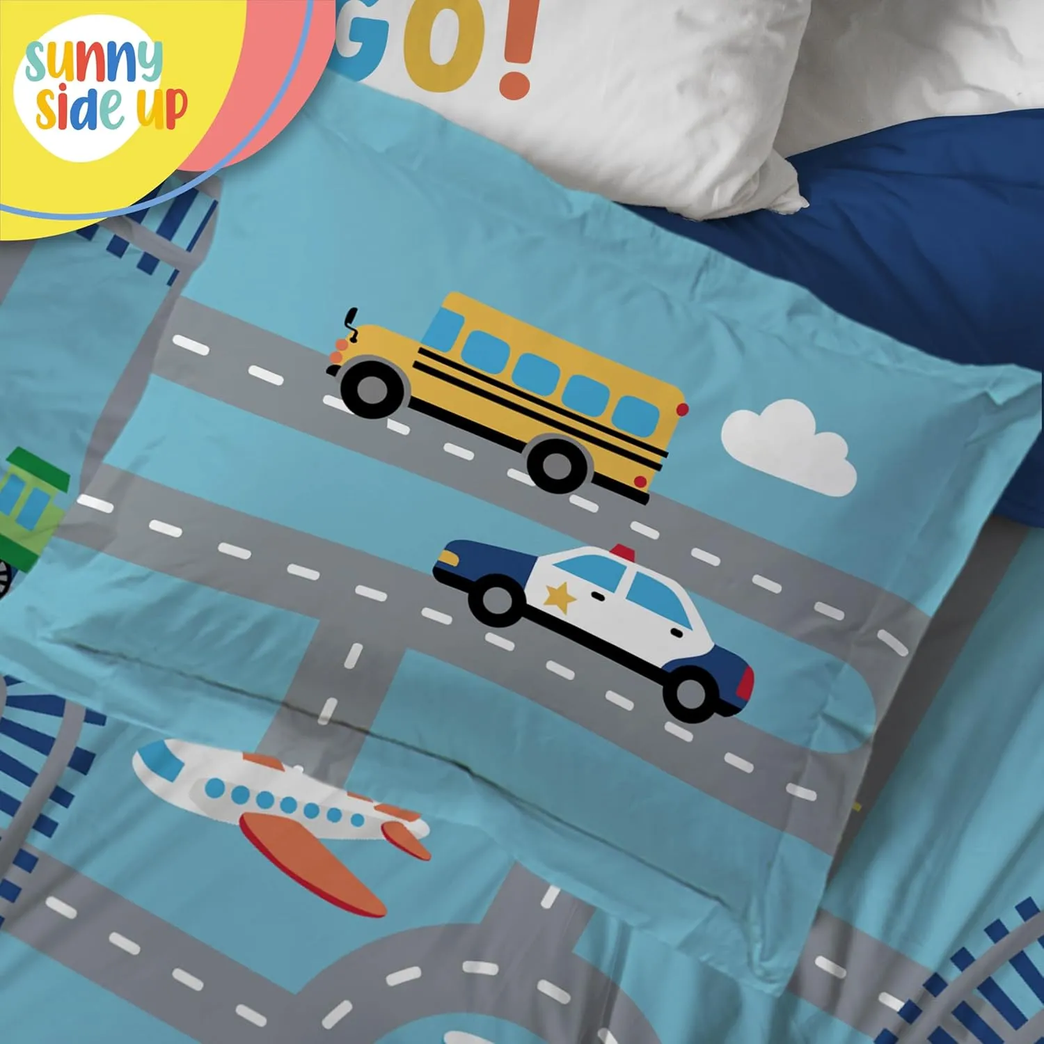 Sunny Side Up On The Go Twin Comforter Set - 5 Piece Kids Bedding Includes Comforter, Sheets & Pillow Cover - Super Soft Vehicles Microfiber Bed Set