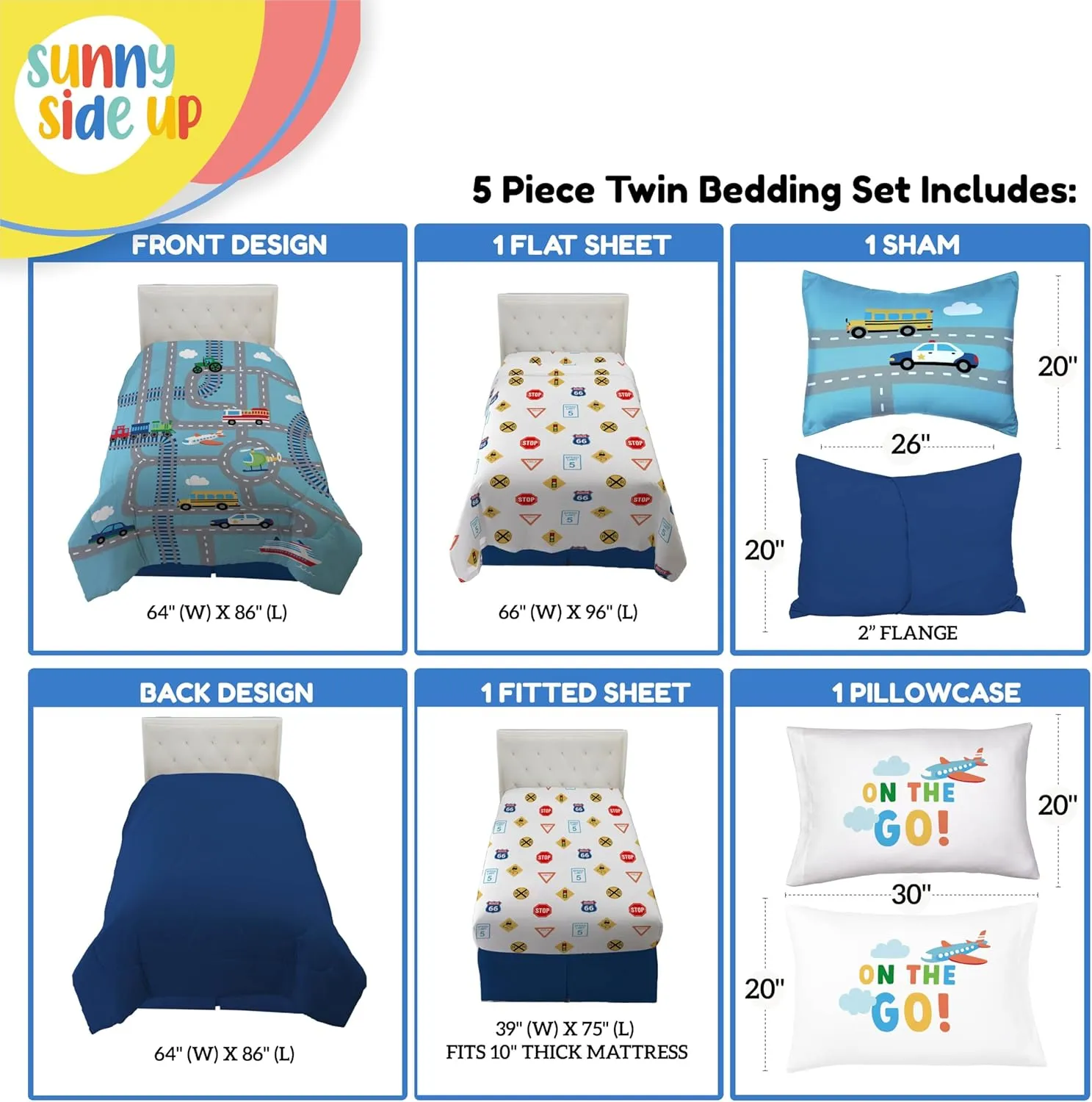 Sunny Side Up On The Go Twin Comforter Set - 5 Piece Kids Bedding Includes Comforter, Sheets & Pillow Cover - Super Soft Vehicles Microfiber Bed Set
