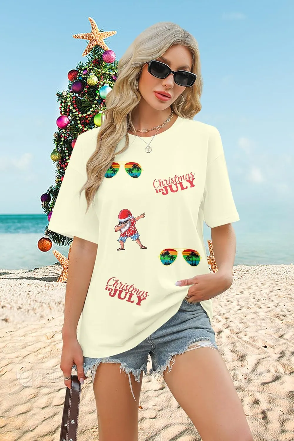 SUPEYA Christmas in July Shirts Women Merry Xmas Shirt Summer Beach Party Shirt Funny Hawaiian Vacation Short Sleeve Tops