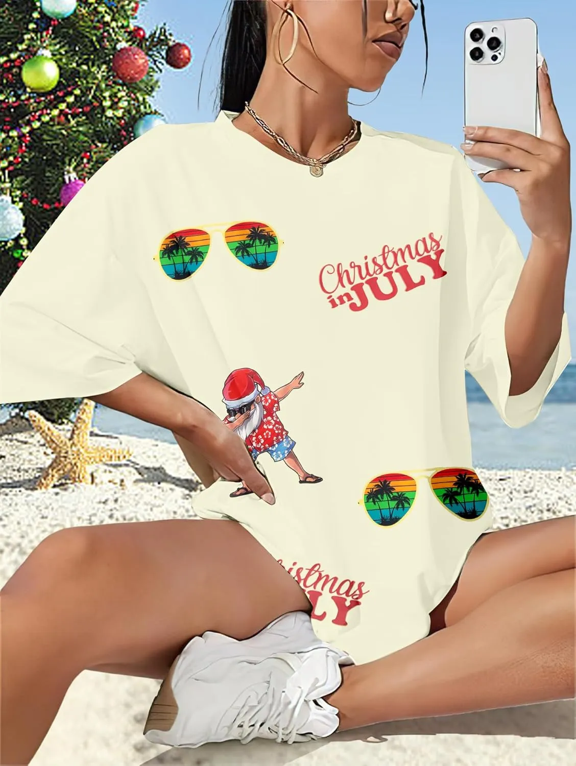 SUPEYA Christmas in July Shirts Women Merry Xmas Shirt Summer Beach Party Shirt Funny Hawaiian Vacation Short Sleeve Tops