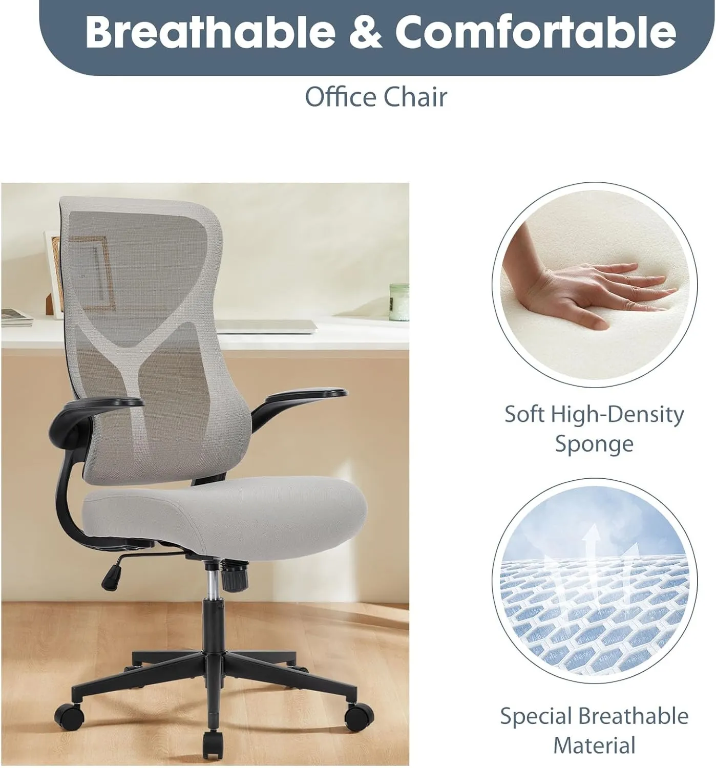 Sweetcrispy High Back Office Chair - Ergonomic Computer Gaming Mesh Chairs with Lumbar Support, with Soft Flip Up Arms, Adjustable Height and 360° Wheels, 120° Tilt, Grey