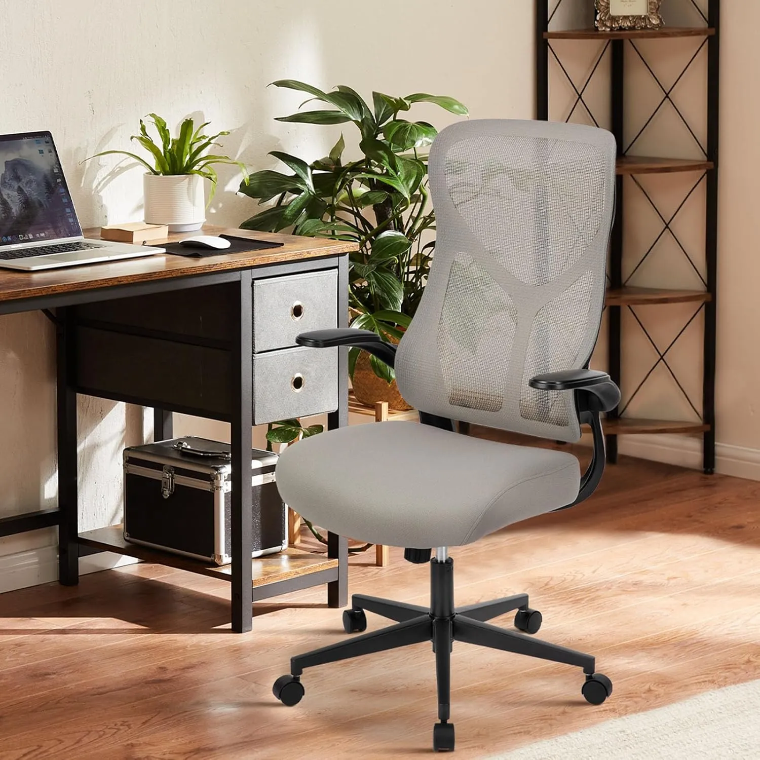 Sweetcrispy High Back Office Chair - Ergonomic Computer Gaming Mesh Chairs with Lumbar Support, with Soft Flip Up Arms, Adjustable Height and 360° Wheels, 120° Tilt, Grey