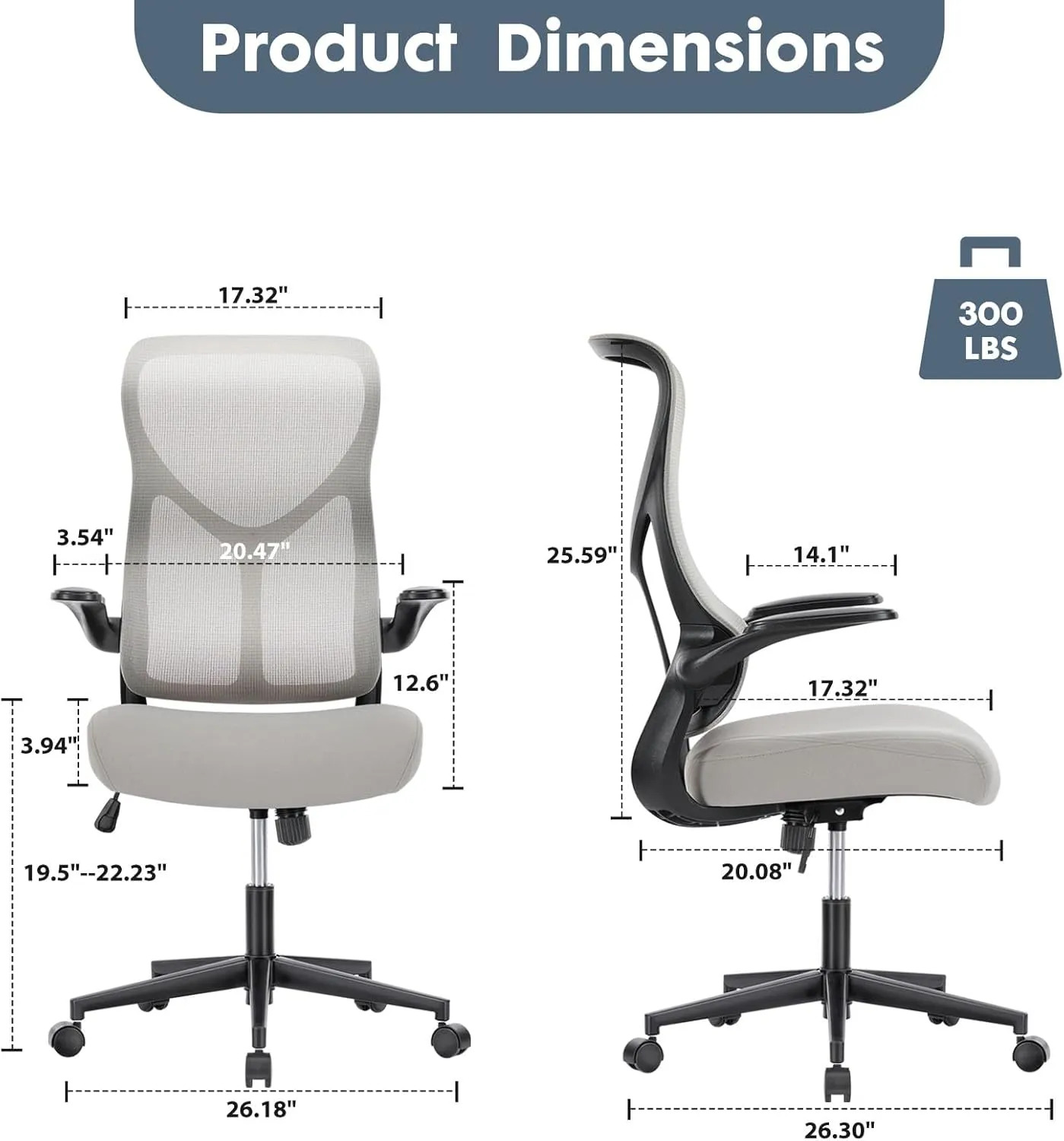 Sweetcrispy High Back Office Chair - Ergonomic Computer Gaming Mesh Chairs with Lumbar Support, with Soft Flip Up Arms, Adjustable Height and 360° Wheels, 120° Tilt, Grey
