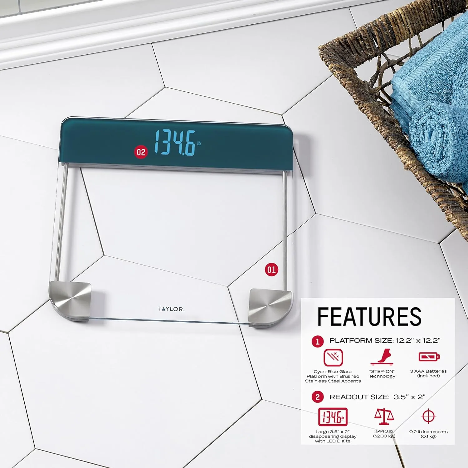 Taylor Digital Glass Bathroom Scale, Vanishing Display for Body Weight, Cyan Blue