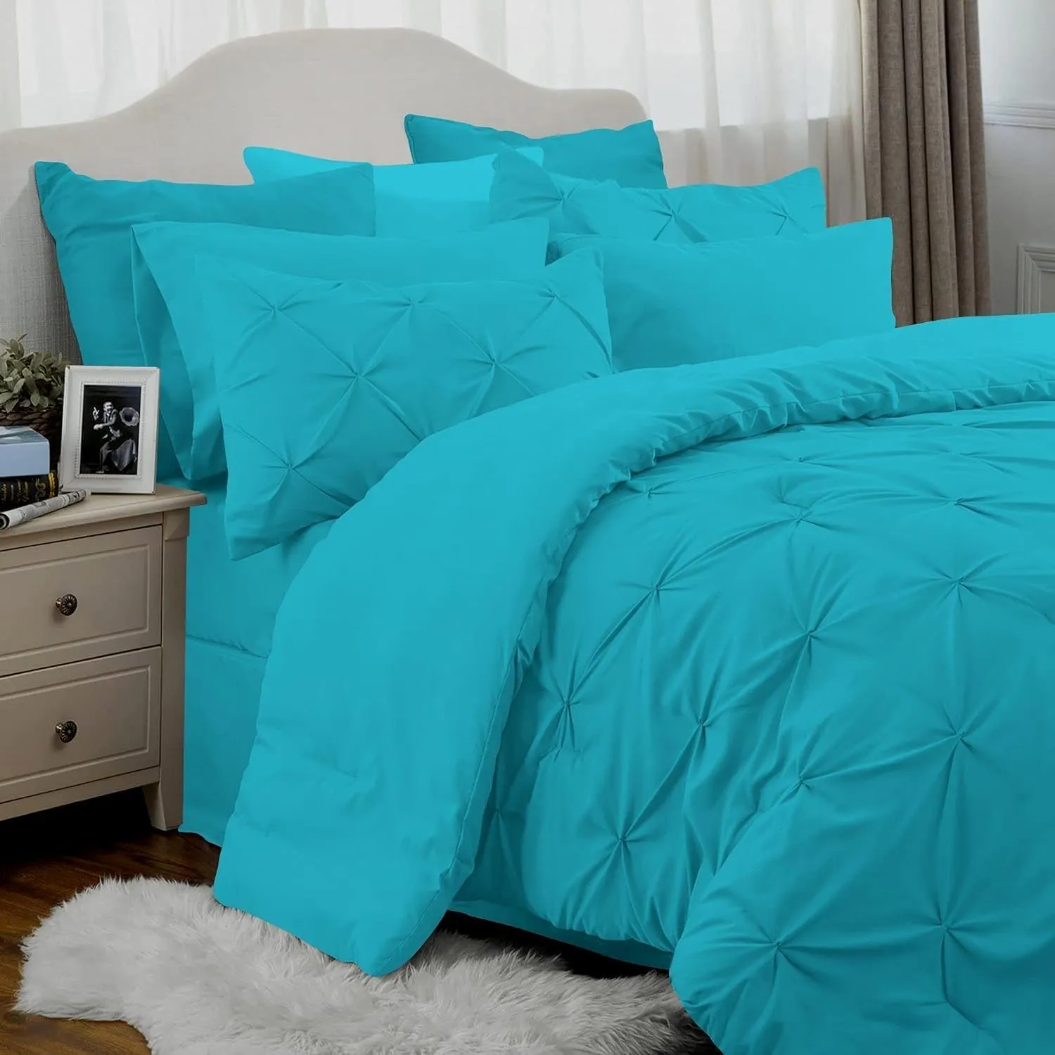Teal Emperor Comforter Set - 7 Piece Pinch Pleated Bed in a Bag - 600 Thread Count 100% Egyptian Cotton Bedding Set - (30 inch Deep Pocket Sheet Set and 500GSM Comforter)