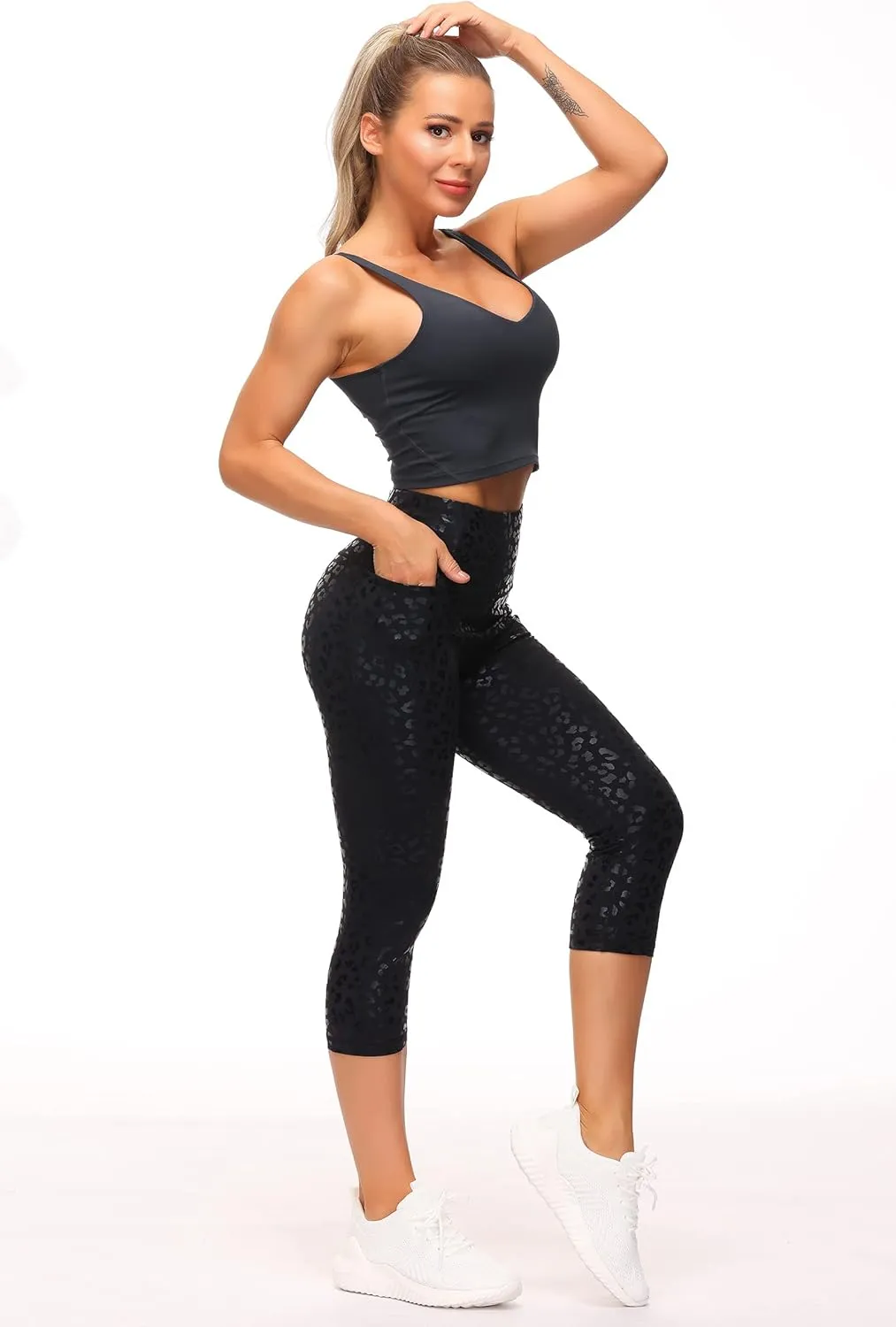 THE GYM PEOPLE Tummy Control Workout Capris Leggings with Pockets High Waist Athletic Yoga Pants for Women Running Hiking