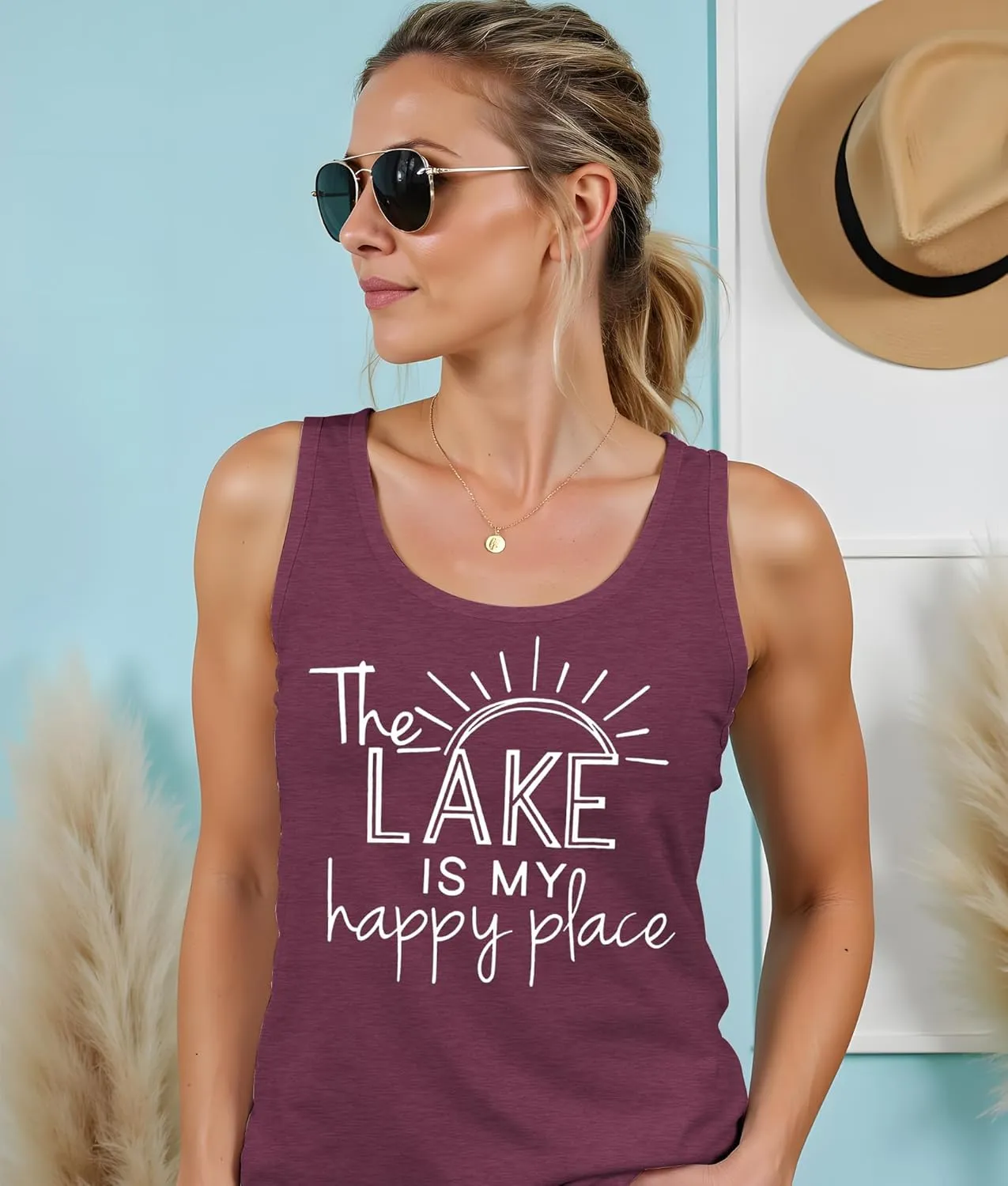 The Lake is My Happy Place T Shirt Women Lake Graphic Summer Sleeveless Shirts