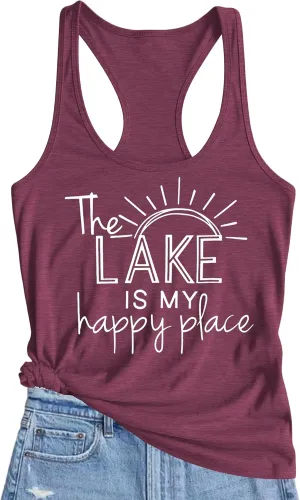 The Lake is My Happy Place T Shirt Women Lake Graphic Summer Sleeveless Shirts