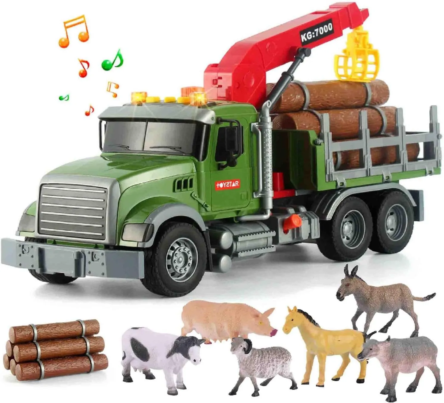 Timber Logging Truck w/ Functional Loading Crane Toy & Bundle of Logs, Large 15" Semi Transport Tow Truck Hauler Playset for Kids, Boys Ages 3 4 5 6 7 8, Lights & Sounds, 6 Farm Animals, Birthday Gift