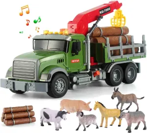 Timber Logging Truck w/ Functional Loading Crane Toy & Bundle of Logs, Large 15" Semi Transport Tow Truck Hauler Playset for Kids, Boys Ages 3 4 5 6 7 8, Lights & Sounds, 6 Farm Animals, Birthday Gift