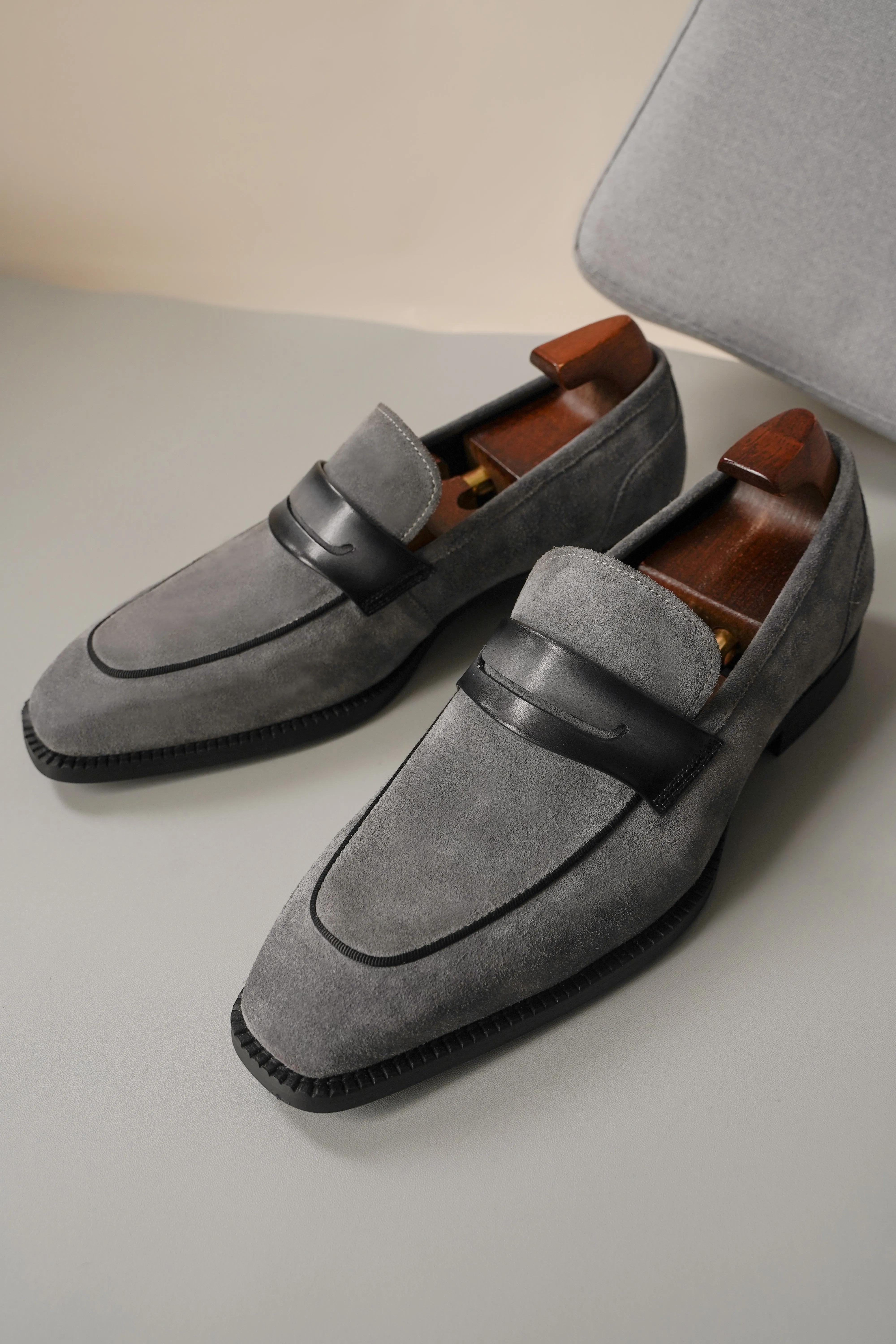 Titan Tailor Gray Suede Penny Loafers