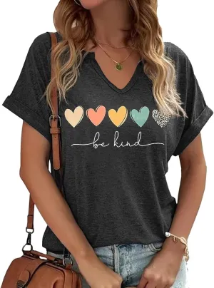 TIXOM Womens Summer V Neck Shirt Funny Letter Printed Graphic Short Sleeve Tee Casual Loose Fit Holiday Tops