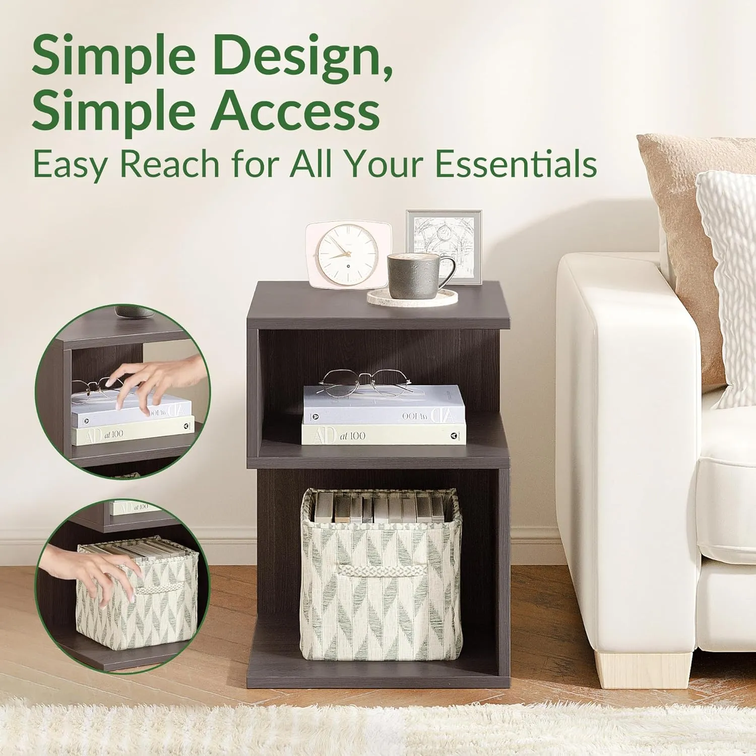 Tokyo S Minimalist 3 Tier End Table - Minimalist 3-Tier Wood Nightstand for Small Spaces with Open Storage - Japanese-Inspired Bedside Table for Bedroom (Grey)