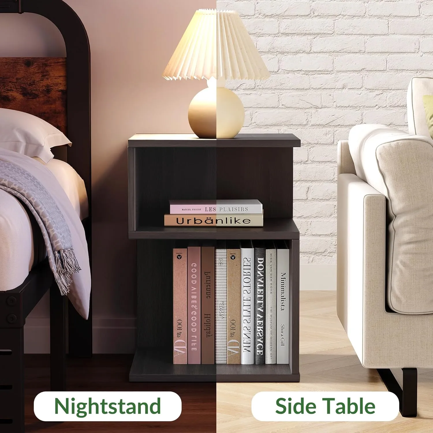 Tokyo S Minimalist 3 Tier End Table - Minimalist 3-Tier Wood Nightstand for Small Spaces with Open Storage - Japanese-Inspired Bedside Table for Bedroom (Grey)