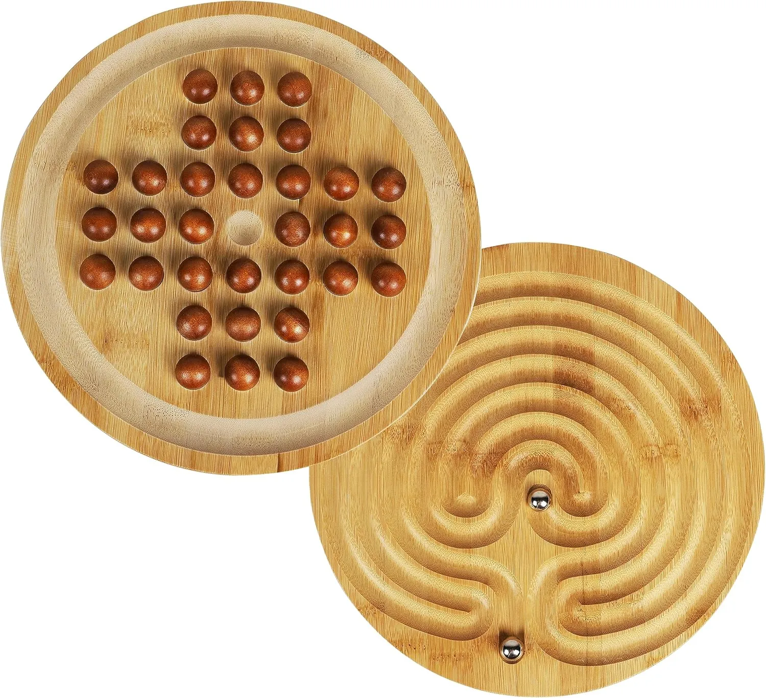 TOWO Wooden 2-in-1 Solitaire and Labyrinth Game Set- Classic one Player Board Game 25cm 9.8” Marbles-Balancing & Strategy Game 2in1-Brainteaser Puzzle and Maze for 6 Years Old to Adult