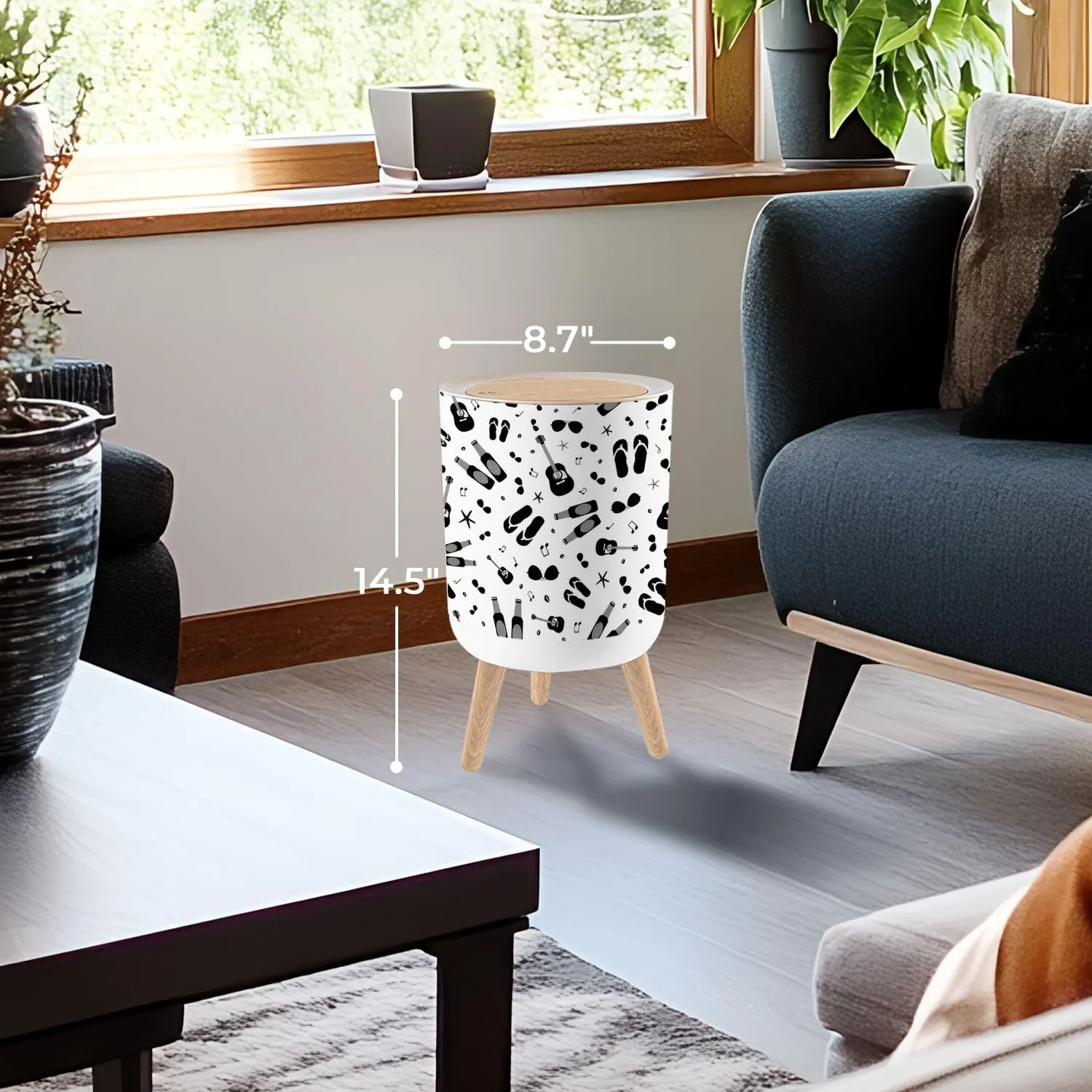 Trash Can with Lid seamless pattern Backdrop acoustic guitars beer bottles flip flops Garbage Can Round Waste Bin Press Cover Dog Proof Wastebasket for Kitchen Bathroom Living Room Nursery 1.8gal