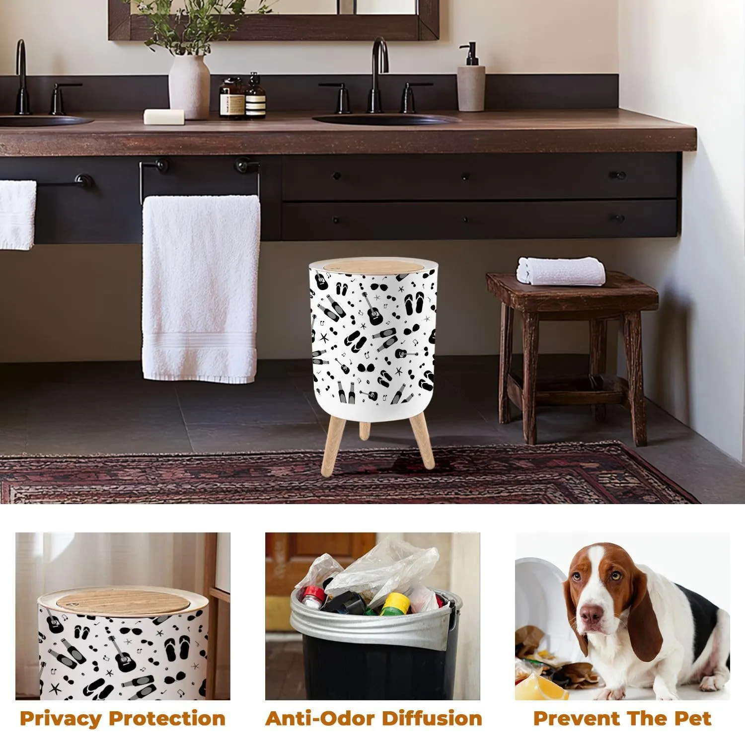 Trash Can with Lid seamless pattern Backdrop acoustic guitars beer bottles flip flops Garbage Can Round Waste Bin Press Cover Dog Proof Wastebasket for Kitchen Bathroom Living Room Nursery 1.8gal