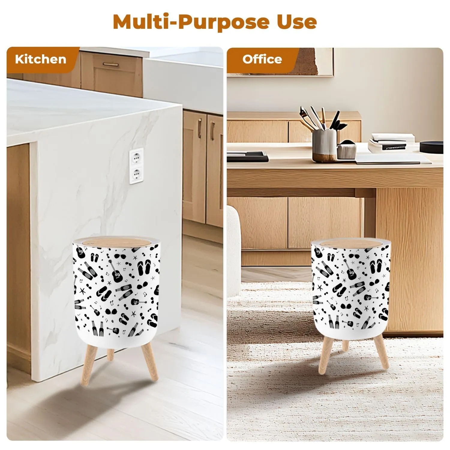 Trash Can with Lid seamless pattern Backdrop acoustic guitars beer bottles flip flops Garbage Can Round Waste Bin Press Cover Dog Proof Wastebasket for Kitchen Bathroom Living Room Nursery 1.8gal