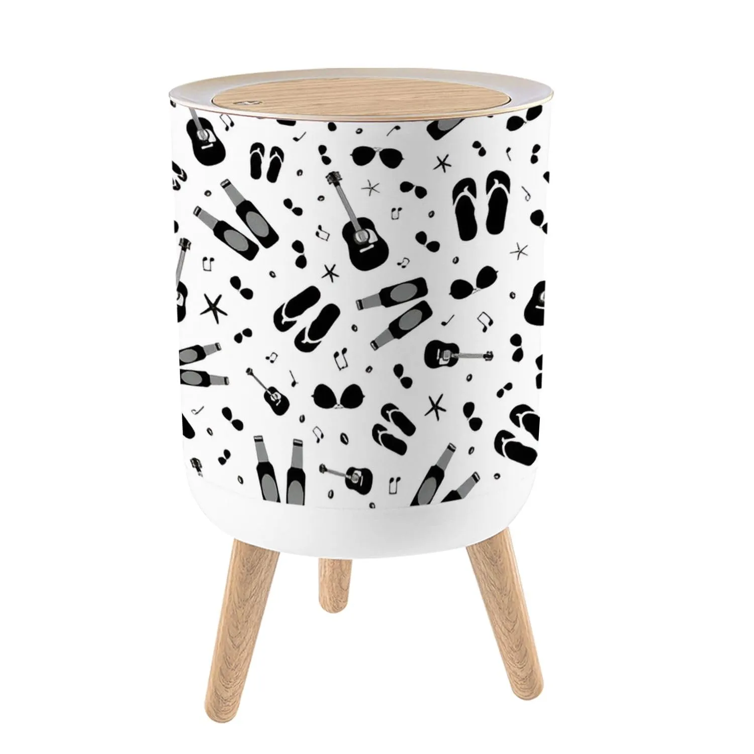 Trash Can with Lid seamless pattern Backdrop acoustic guitars beer bottles flip flops Garbage Can Round Waste Bin Press Cover Dog Proof Wastebasket for Kitchen Bathroom Living Room Nursery 1.8gal