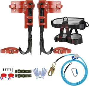 Tree Climbing Spike Set, Climbing Step Gear with Wire-Core Flip Line Kit and Climbing Seat Belt, Adjustable Tree Spikes Arborist Climbing Equipment