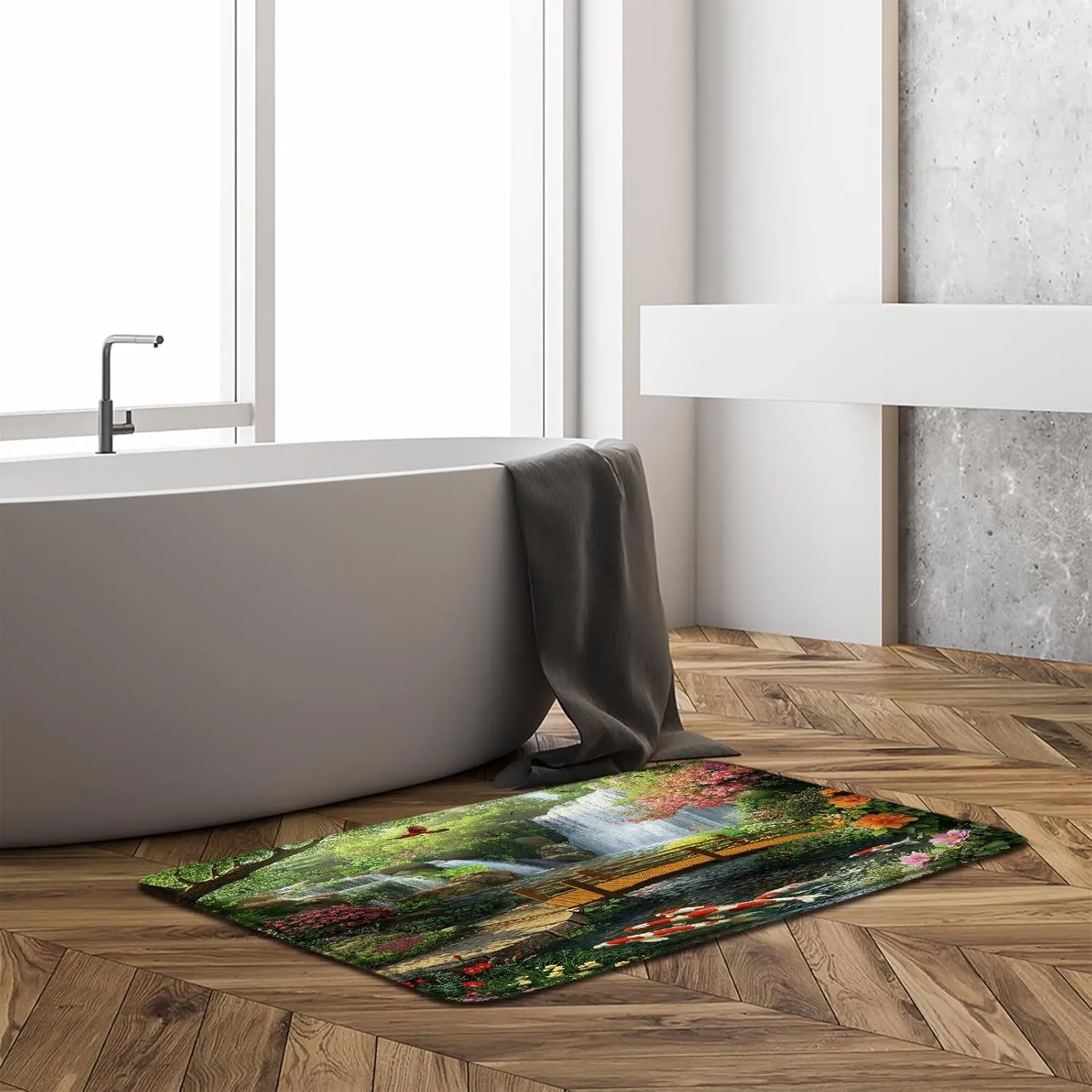 Tropical Bath Mat,Waterfall Forest Lake Jungle Floral Nature Landscape Green Bathroom Kitchen Runner Rug,18x48 Inch