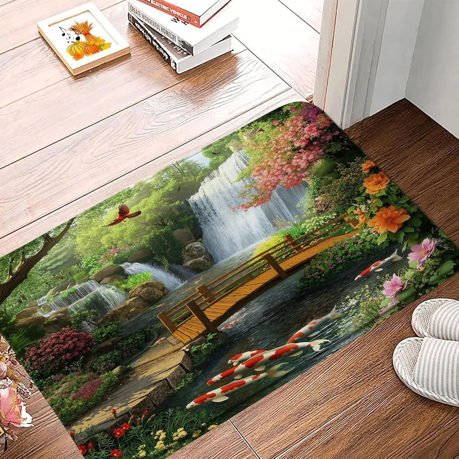 Tropical Bath Mat,Waterfall Forest Lake Jungle Floral Nature Landscape Green Bathroom Kitchen Runner Rug,18x48 Inch