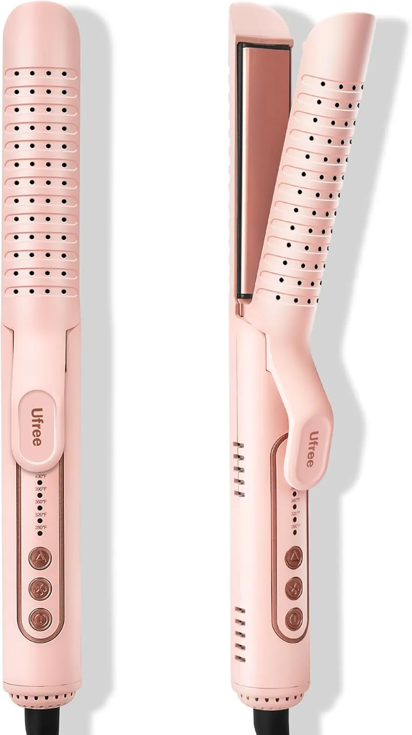 Ufree Airflow Curling Iron, 360° Cool 2 in 1 Flat Iron Hair Straightener & Curler for Lasting Curls, 1.25 Inch Curling Wand, 5 Temps for Long & Short Hair, Women Gifts, Anti-Scald