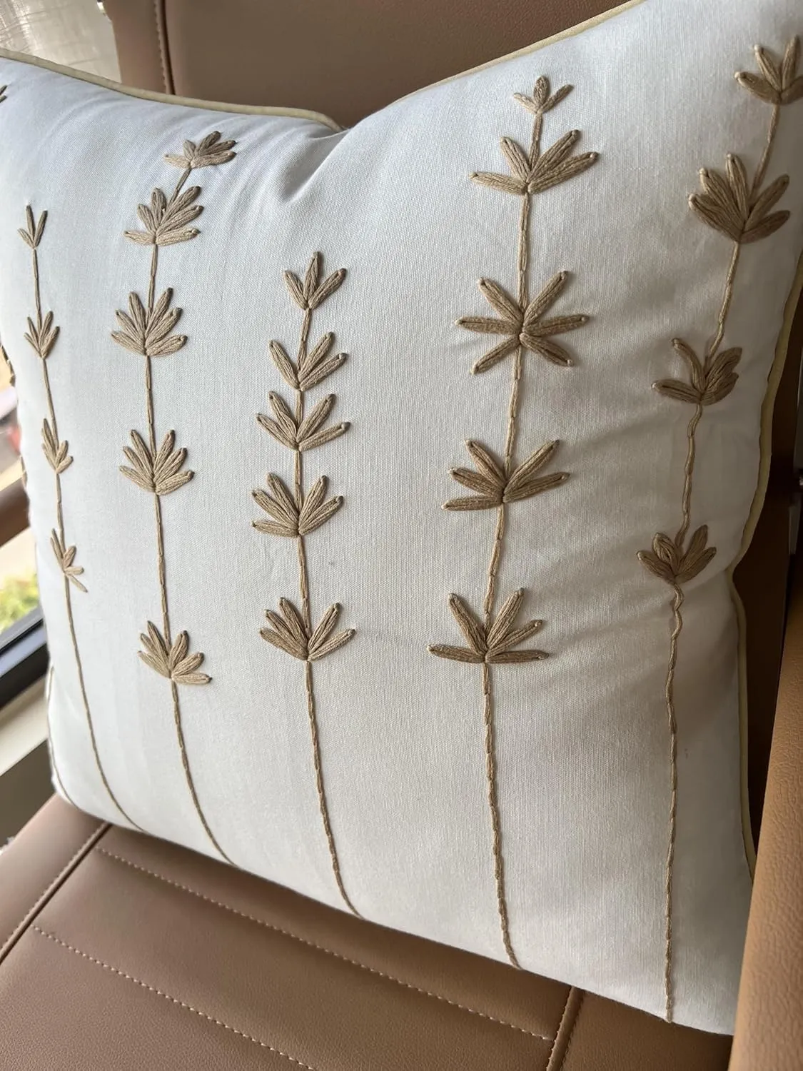 VAGMINE Hand Embroidered Daisy Accent Throw Pillow Cover - 20x20 Inches Square - 100% Cotton Ivory Decorative Cushion Cover for Couch, Sofa, Living Room - Textured Embroidery - Cozy Floral Home Décor