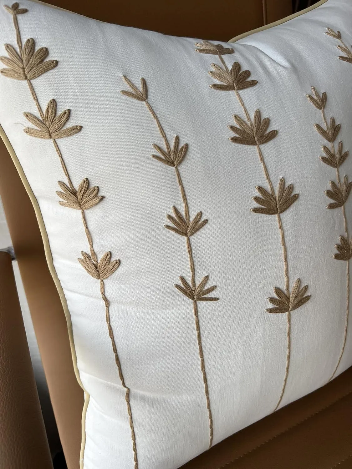 VAGMINE Hand Embroidered Daisy Accent Throw Pillow Cover - 20x20 Inches Square - 100% Cotton Ivory Decorative Cushion Cover for Couch, Sofa, Living Room - Textured Embroidery - Cozy Floral Home Décor