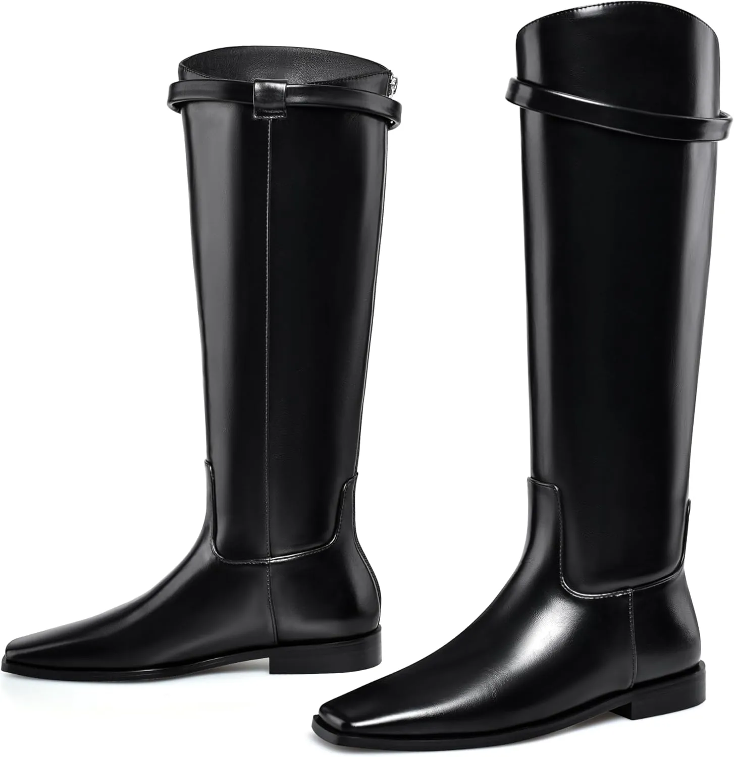 Vaslemuse Women Flat Knee High Boots Square Toe Long Tall Boots Block Low Heel Fall Knee Boots with Back Zips
