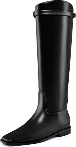 Vaslemuse Women Flat Knee High Boots Square Toe Long Tall Boots Block Low Heel Fall Knee Boots with Back Zips
