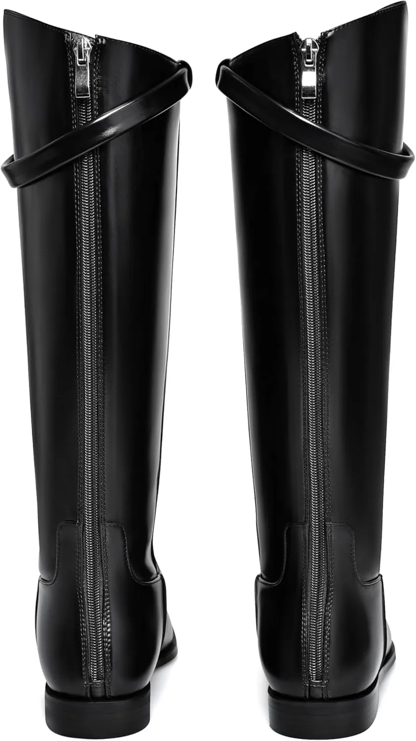 Vaslemuse Women Flat Knee High Boots Square Toe Long Tall Boots Block Low Heel Fall Knee Boots with Back Zips